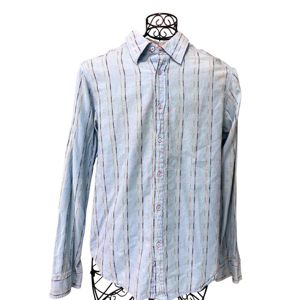 Kit Cornell Vintage Y2K Blue Striped Button Up Shirt Paisley Trim Sz M 90s Retro